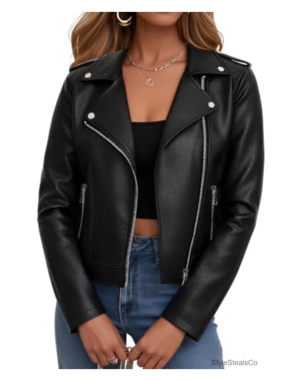 Faux Leather Cropped Moto Jacket Women Edgy Zip Up